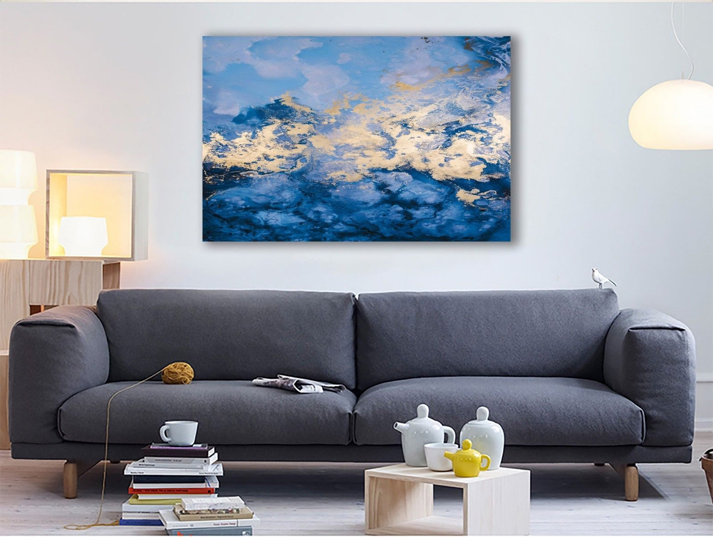 Abstract Blue Gold Framed Canvas Modern Wave Wall Art Stretched Print Prints