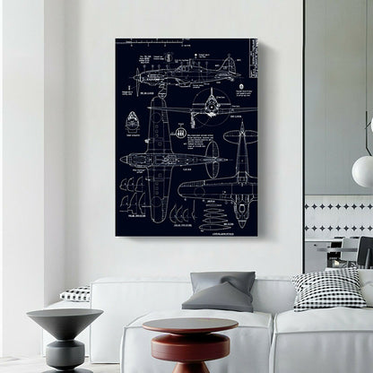 Industrial Aircraft Drawings Framed Canvas Print Abstract Living Room Wall Plane