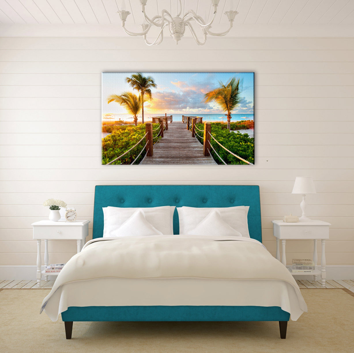 Framed Canvas prints wooden bridge coconut tree sunset beach modern wall art