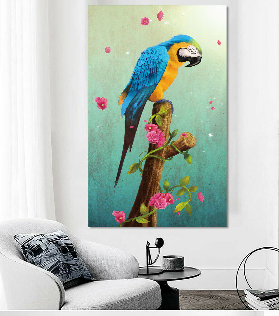 Parrot Flowers Blue Stretched Pictures Canvas home art wall