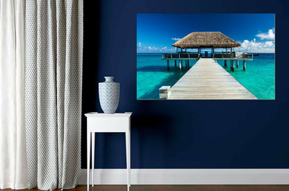 Maldives thatched hut Framed Canvas Green Ocean Sea prints beach modern wall art