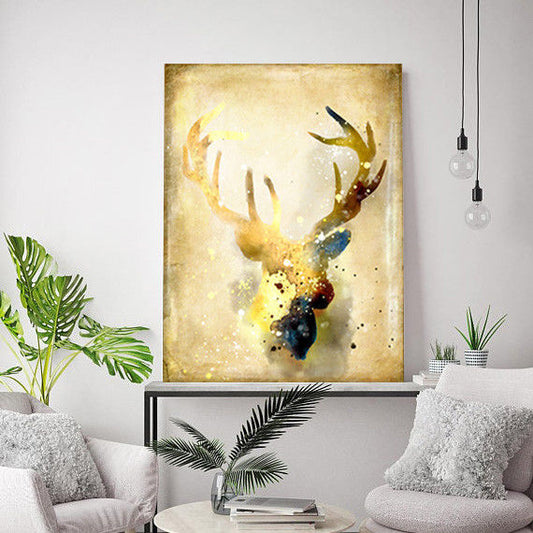 Gold Deer Head Framed Canvas Vintage Stretched Prints Wall Art Decor Painting