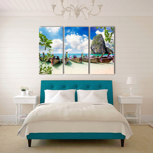 Framed canvas prints Thailand Railay beach colorful boat seascape large print