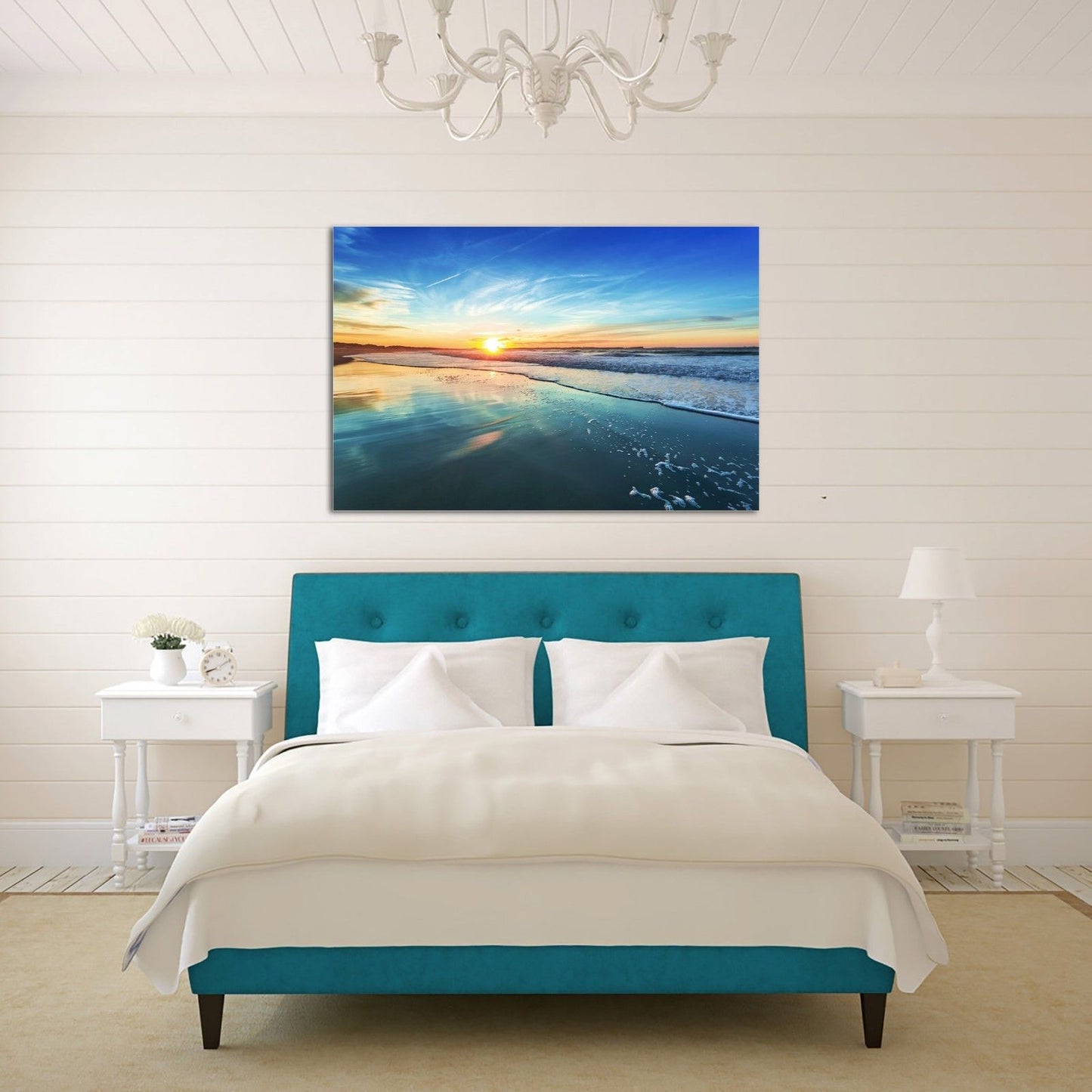 Framed Canvas prints Ocean sunrise Beach view green aqua blue sea wave wall art