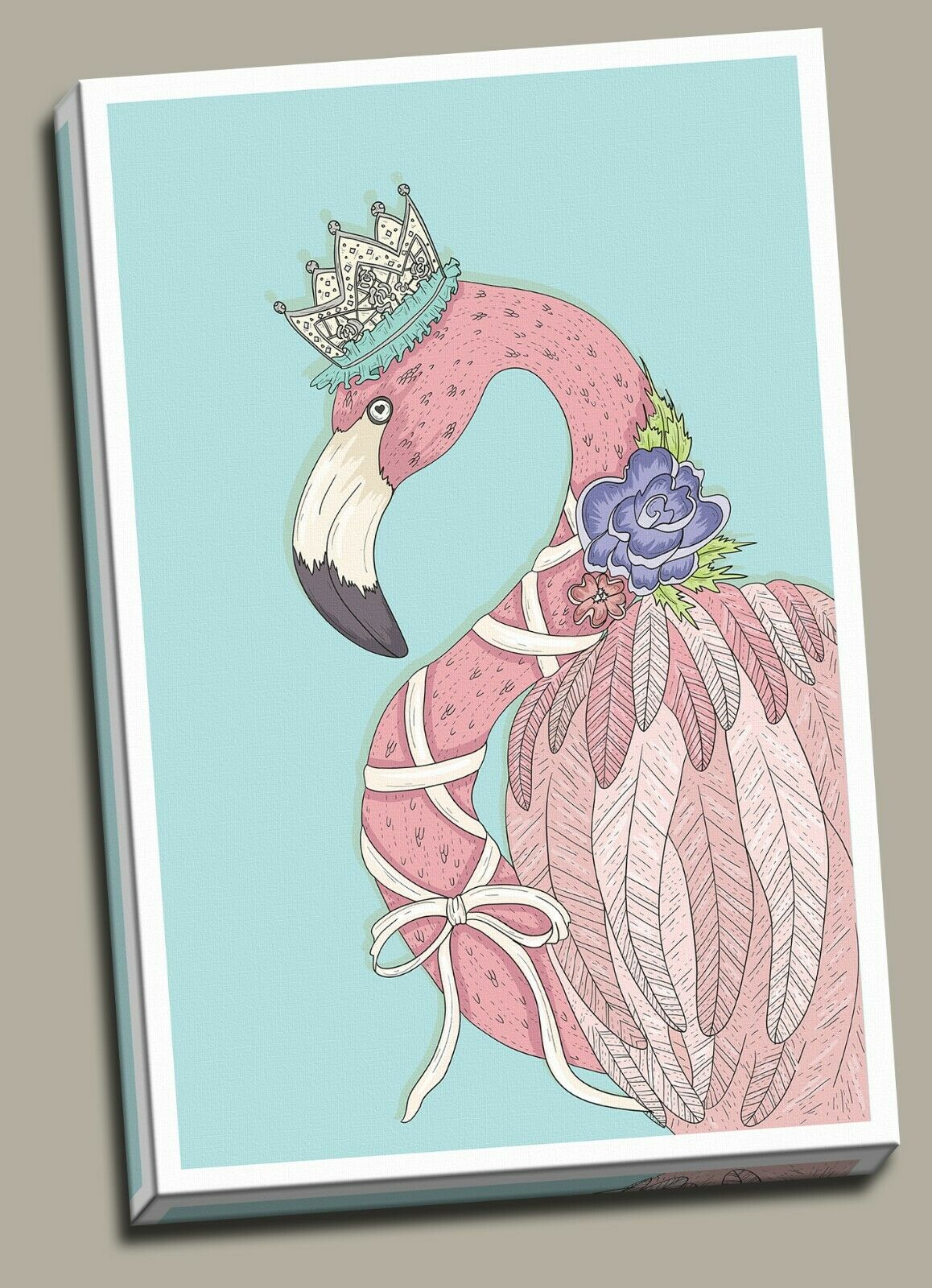 Flamingo with Crown Hat Flower Framed Canvas Print Abstract Wall Art Watercolor