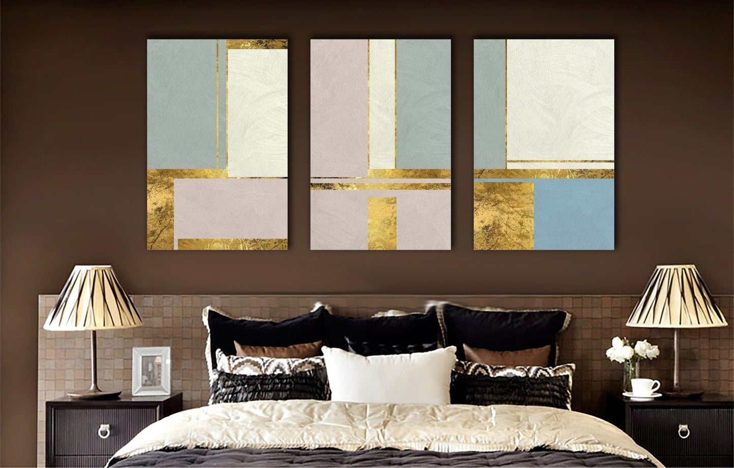 Abstract Line Block Gold Blue Pink Framed Canvas Prints Modern Wall Art Home