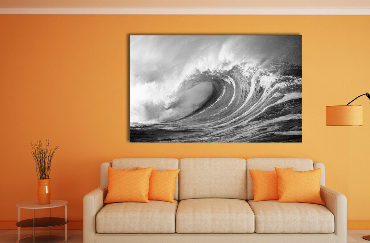 Black & White Sea Wave Framed Canvas Print Wall Art Blue waves prints photo