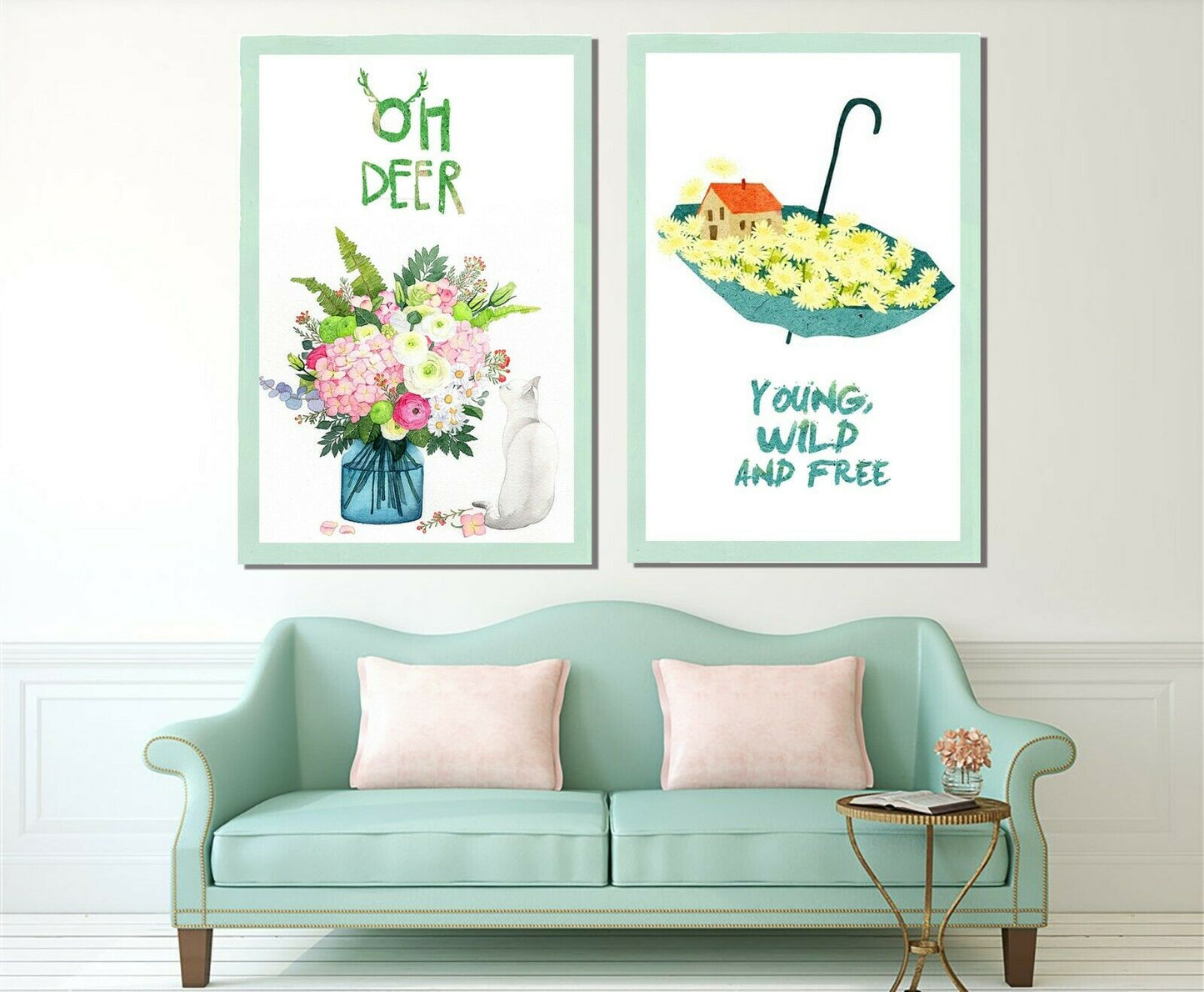 Oh Deer Young Wile Free Flowers Framed Canvas Print Abstract Wall Art Watercolor
