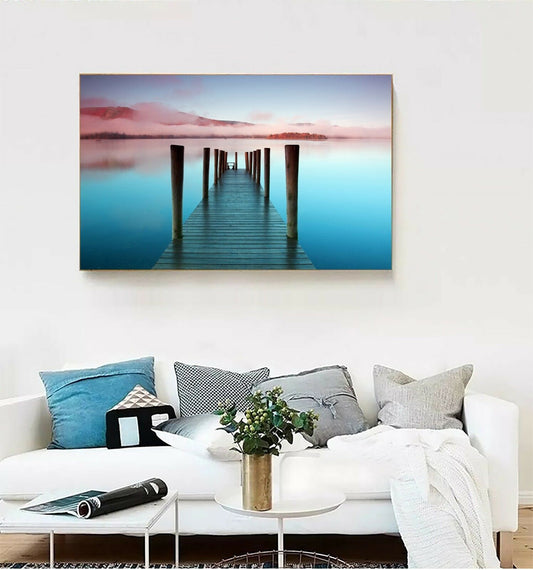 Time lapse Framed Canvas prints wooden bridge sunset beach modern wall art