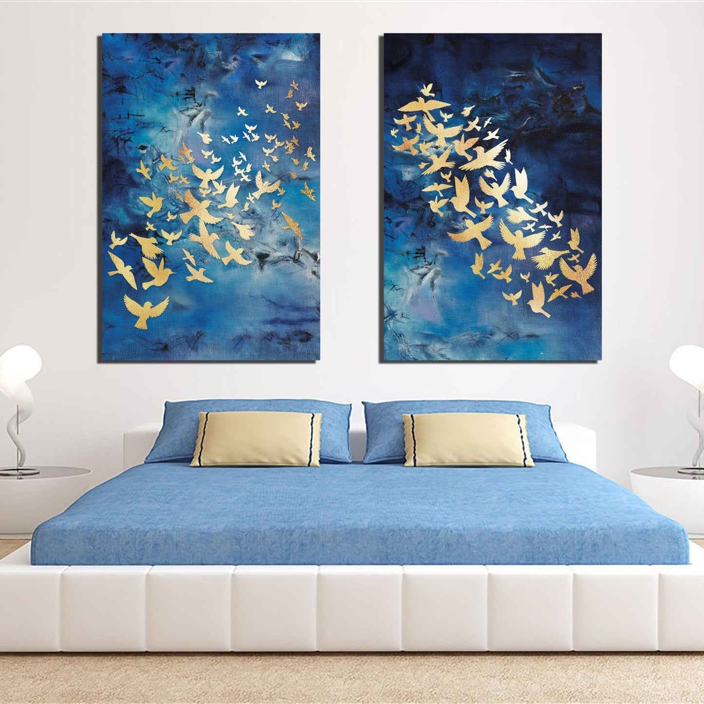 Gold Bird on Blue Framed Canvas Print Abstract Background Dinning Room Wall Art