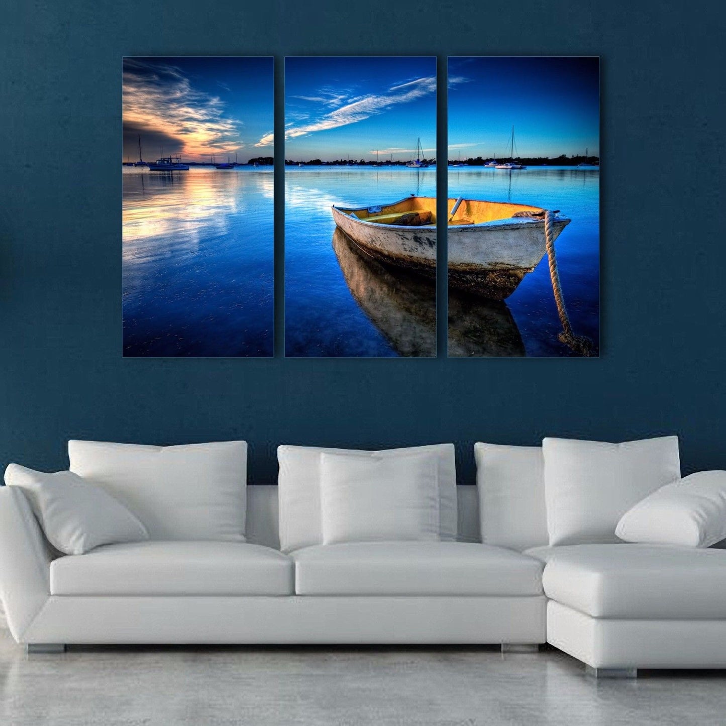 Stretched Framed canvas prints Split printing seascape blue boat time-lapse art