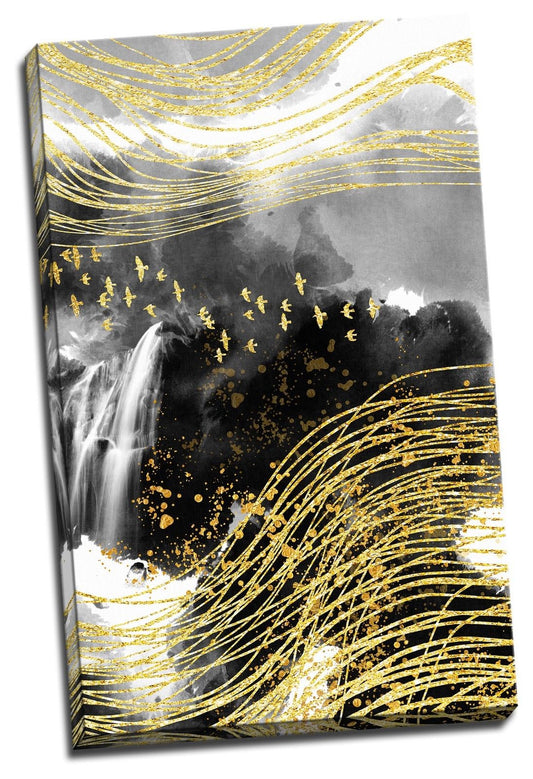 Abstract Gold Line Bird Waterfall Framed Canvas Ink Painting Modern Wall Art