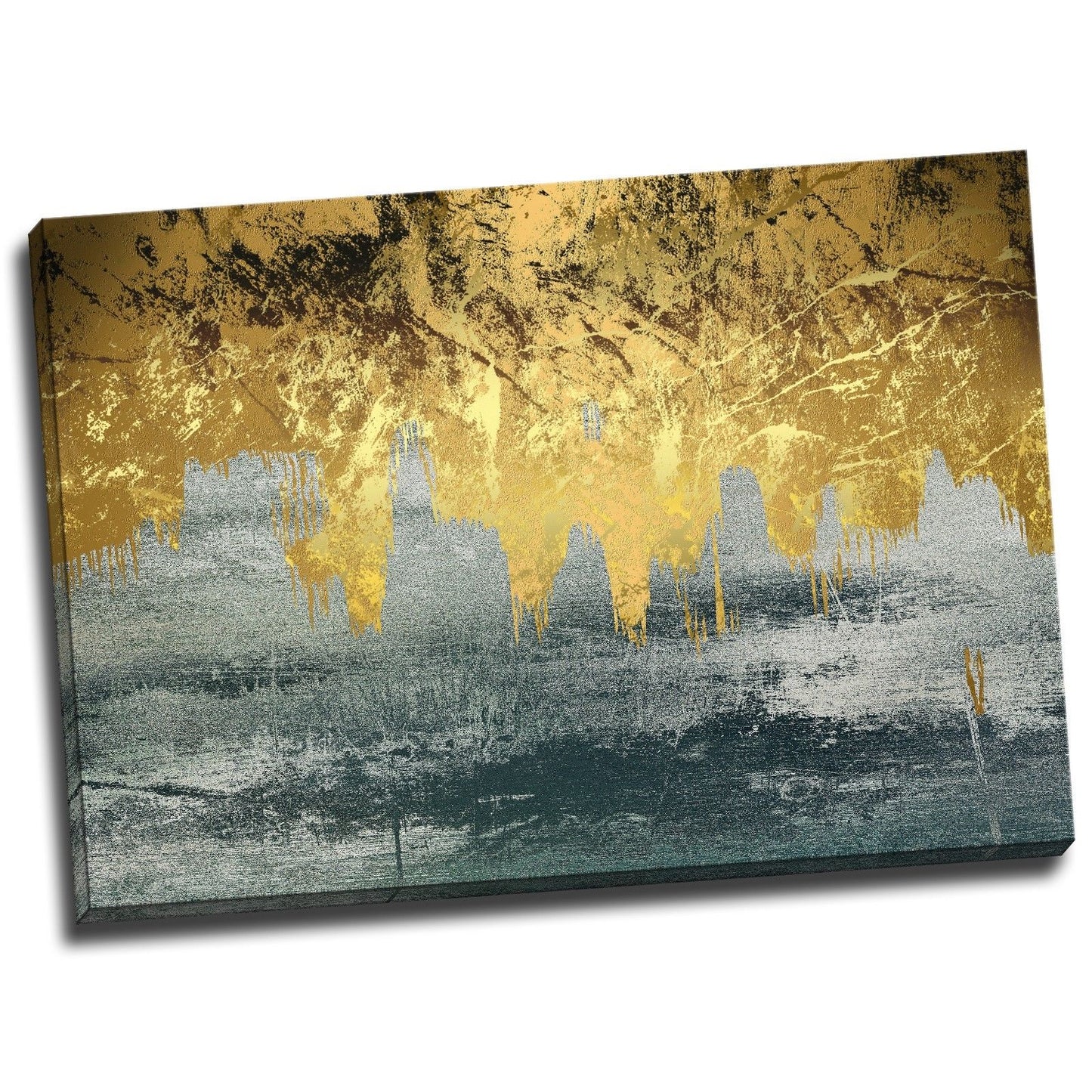 Blue Gold Foil Stretched Printed Framed Canvas Liquid abstract print wallart
