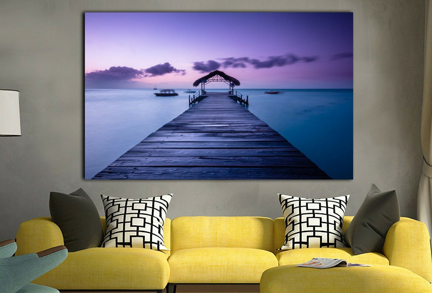 Time lapse Framed Canvas prints Purple bridge sunset beach modern wall art