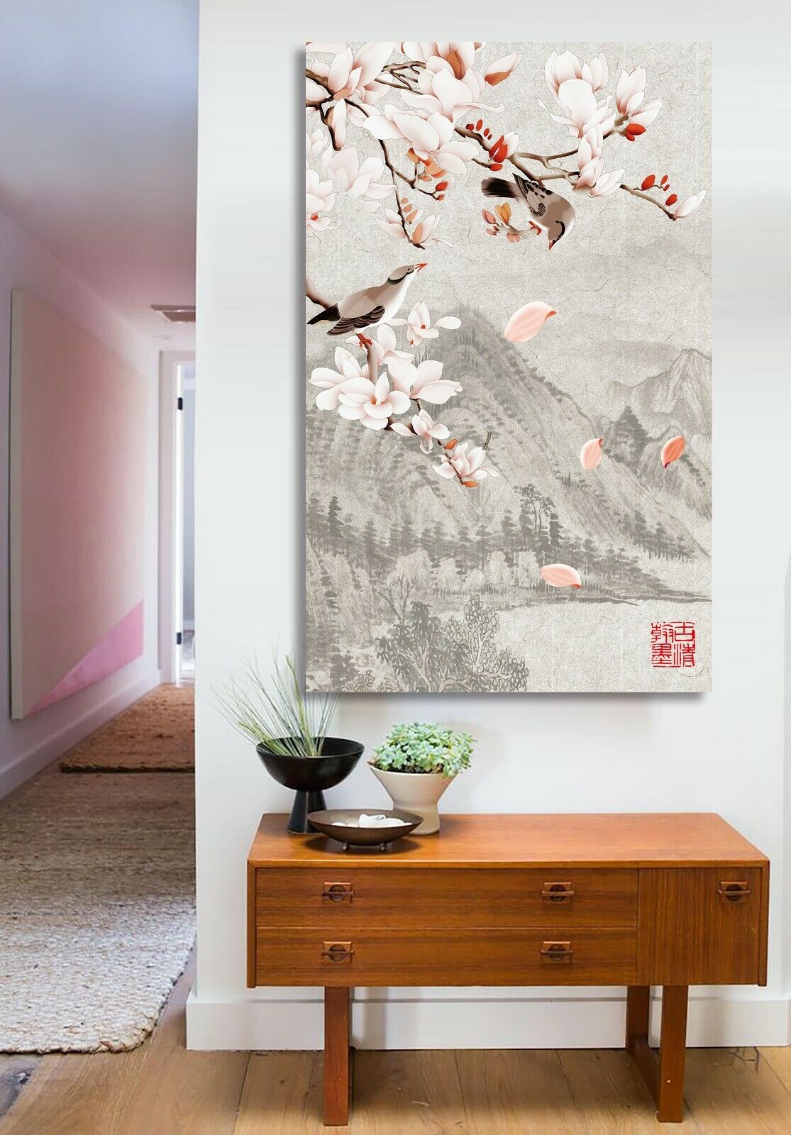 Neo-Chinese Style Framed Canvas Prints Birds Flowers Mountains Art Home Decor