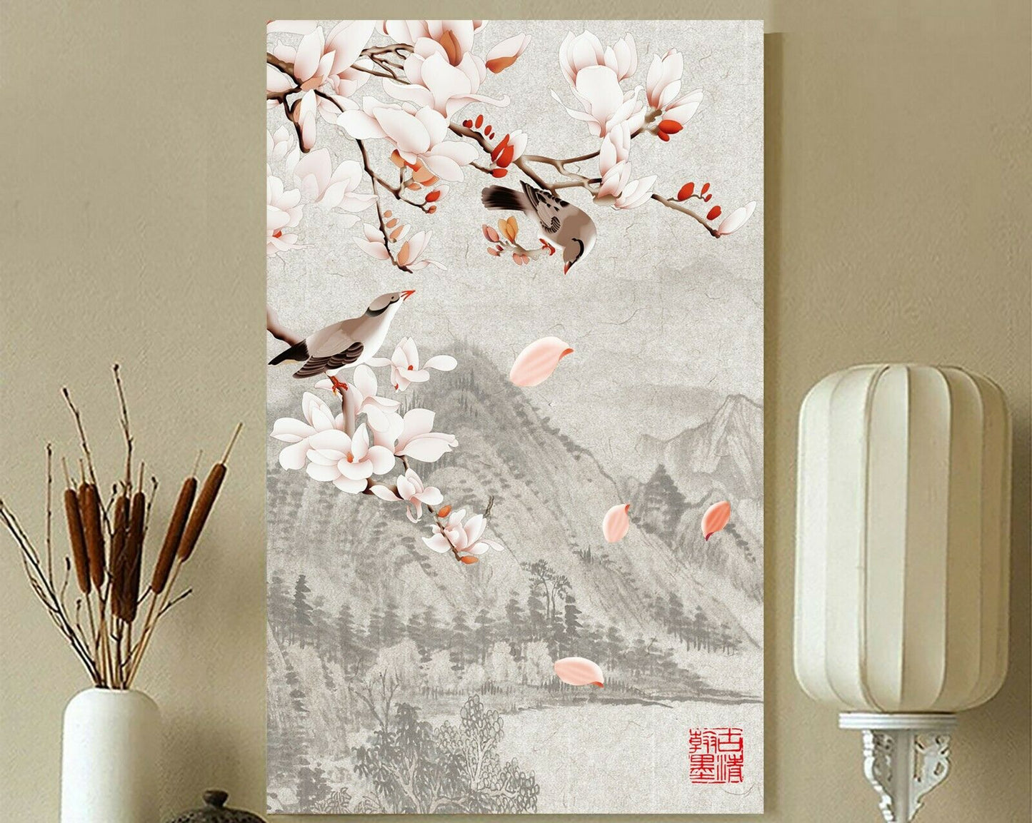 Neo-Chinese Style Framed Canvas Prints Birds Flowers Mountains Art Home Decor