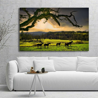 Horses Sunset Stretched Pictures Canvas cloudy filed sunrise home art wall deco