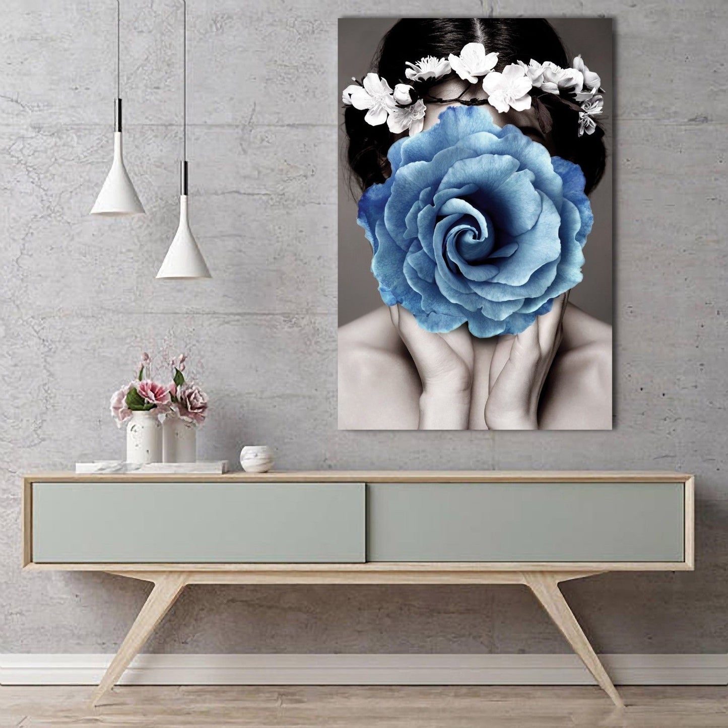 Blue Flower Face Framed Canvas Wall Art Print Abstract Wall Prints