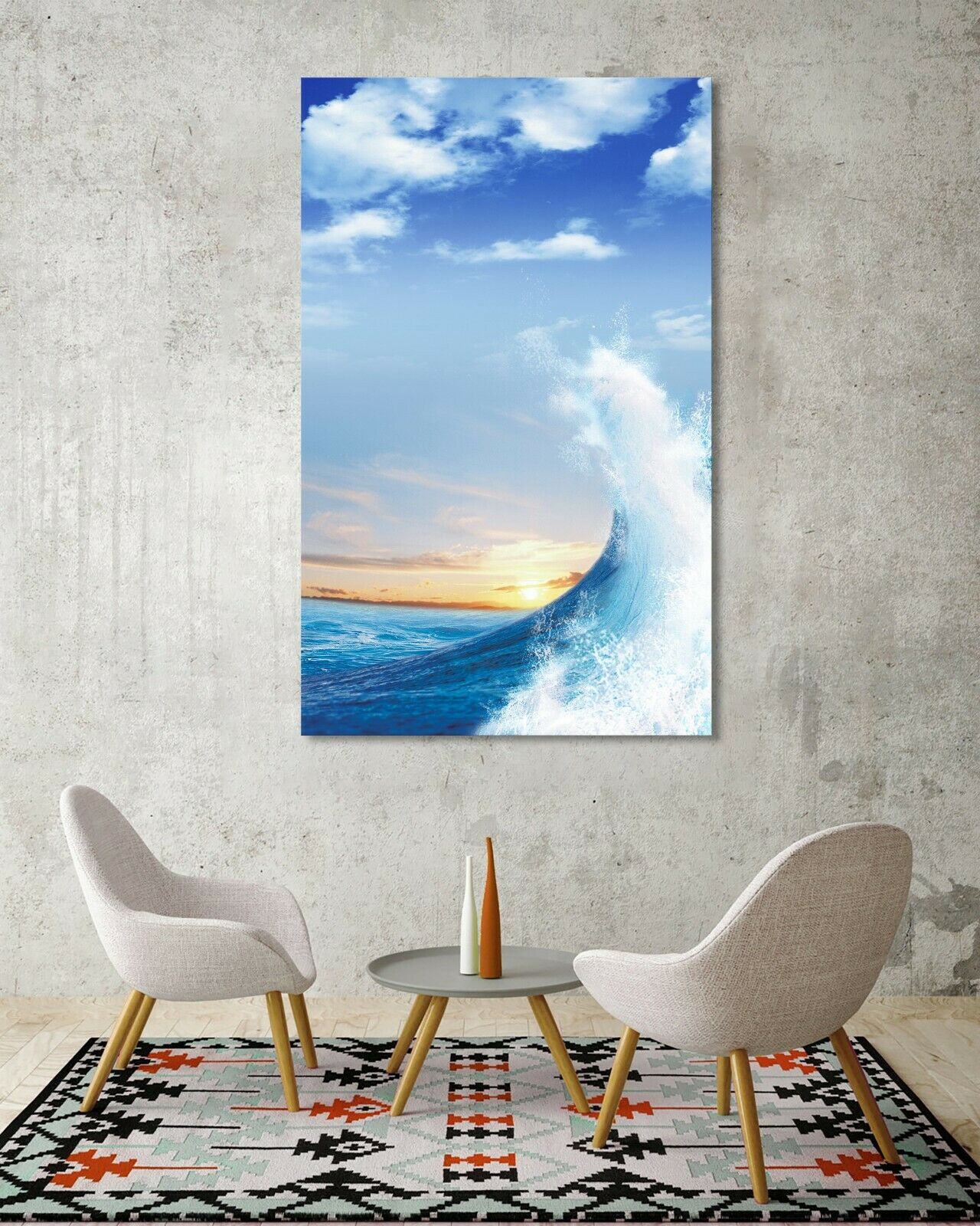 Framed Sun Rise Wave Swell Canvas Beach Ocean Print Wall Art Blue Wave White