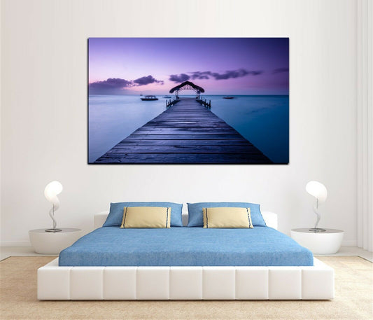 Time lapse Framed Canvas prints Purple bridge sunset beach modern wall art