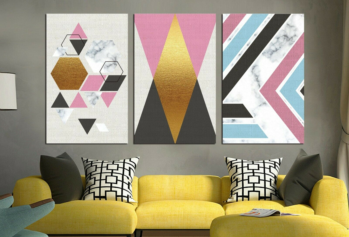 Abstract pink gold black Framed Canvas Prints Modern Wall Art Geometry Triangle