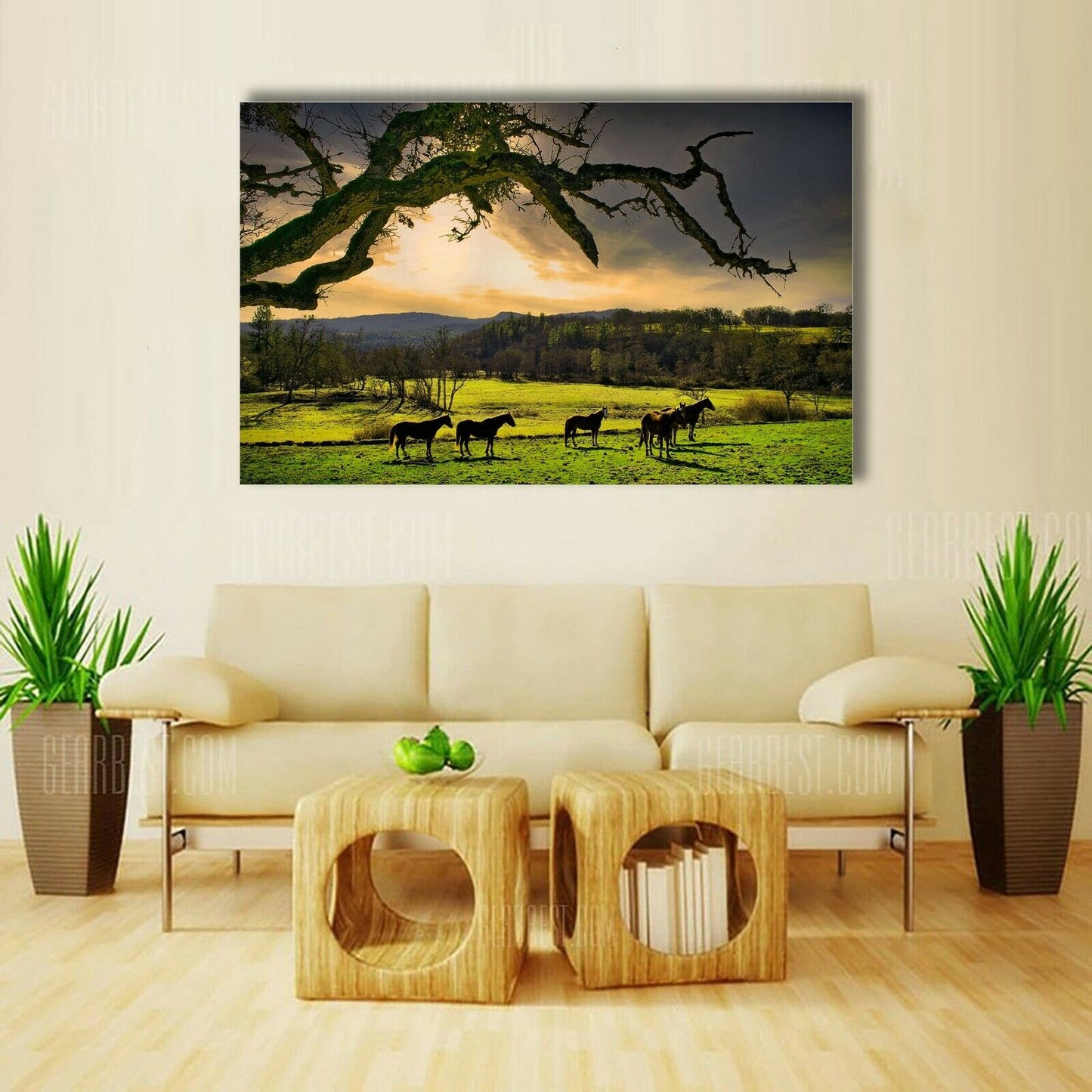 Horses Sunset Stretched Pictures Canvas cloudy filed sunrise home art wall deco