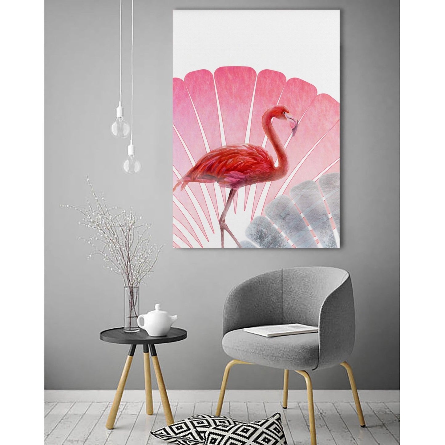 Framed Stretched Canvas Dancing Flamingo pink deco modern art print lotus leaf
