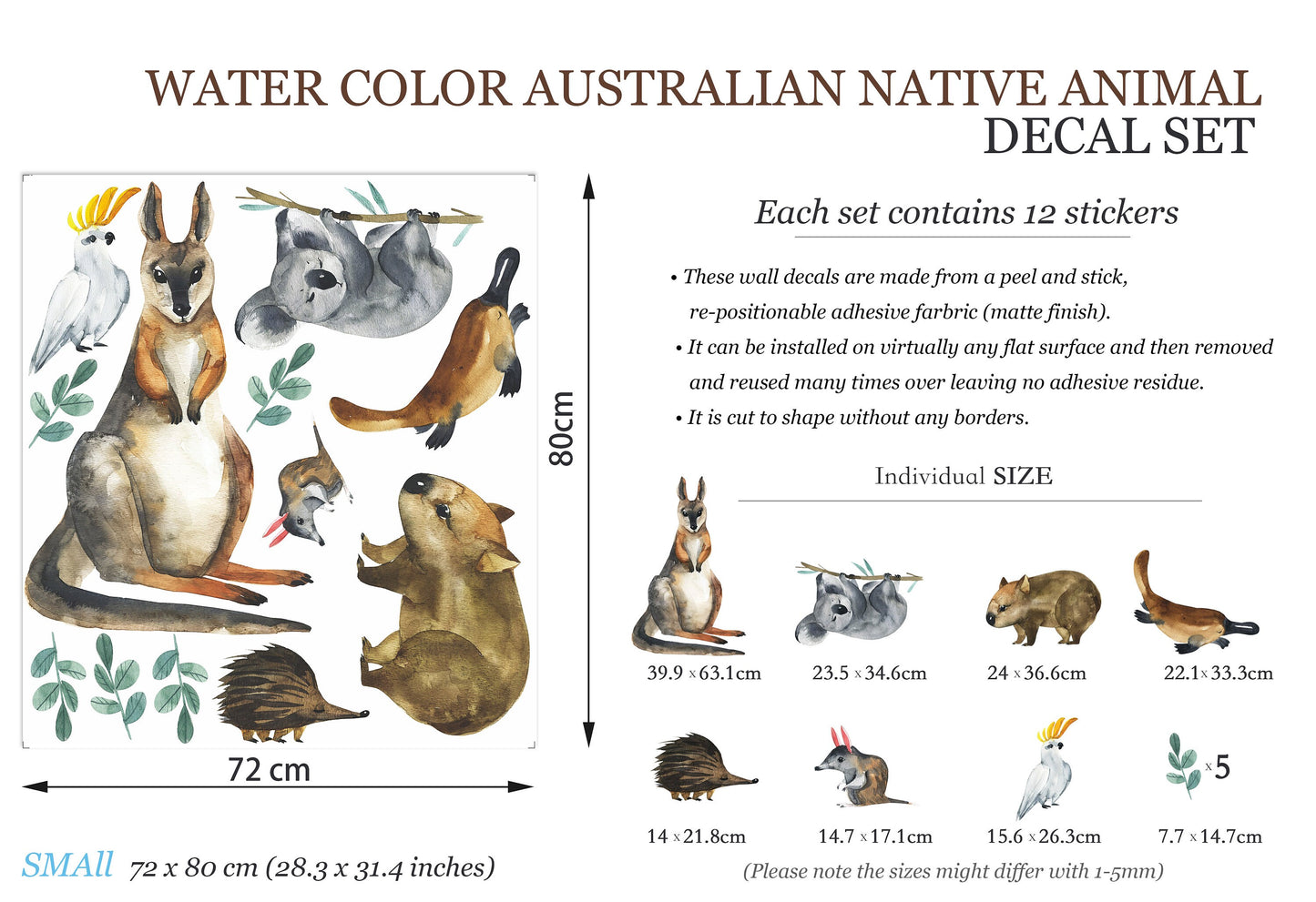 Watercolor Australian Animals Native Wildlife Wall Decal - BR002