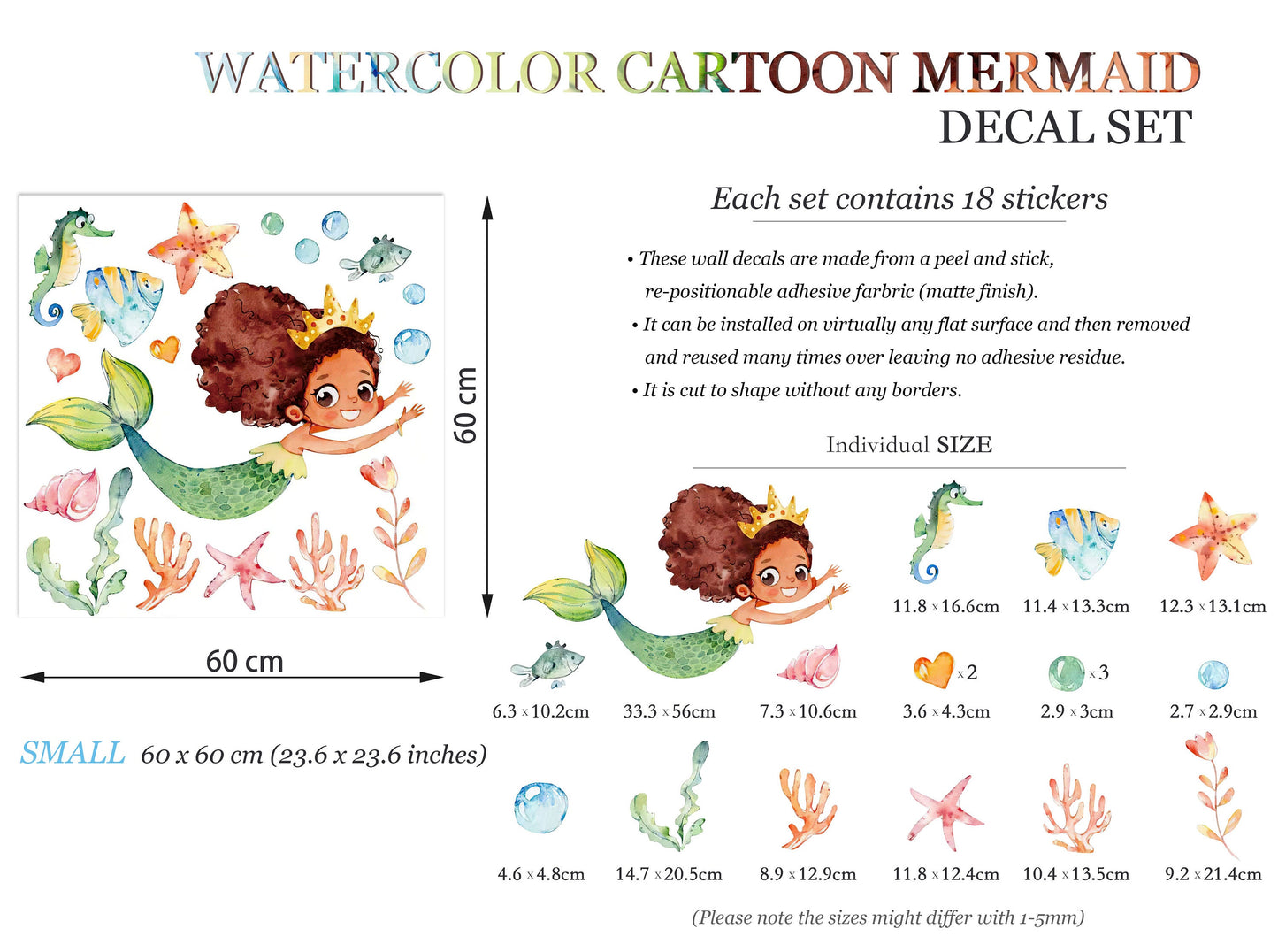 Watercolor Baby Mermaid with Brown Skin Wall Decal Sticker - BR007