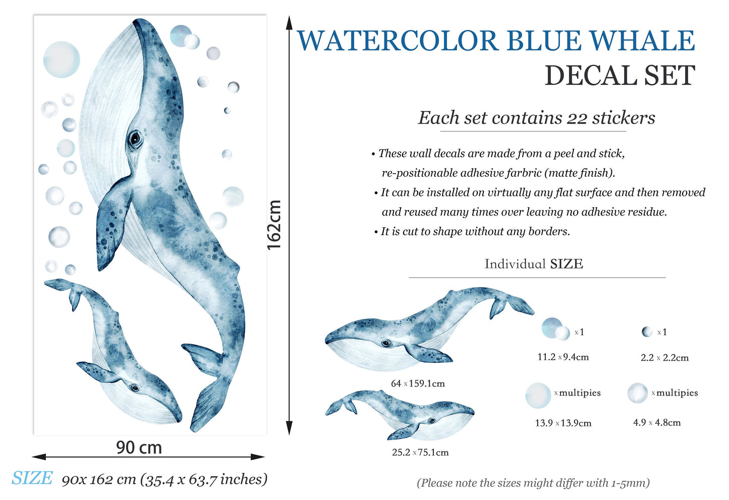 Watercolor Blue Whale Mum with Baby Whale Wall Decal - Removable Peel and Stick - BR017