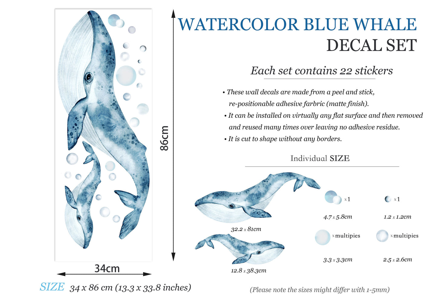 Watercolor Blue Whale Mum with Baby Whale Wall Decal - Removable Peel and Stick - BR017