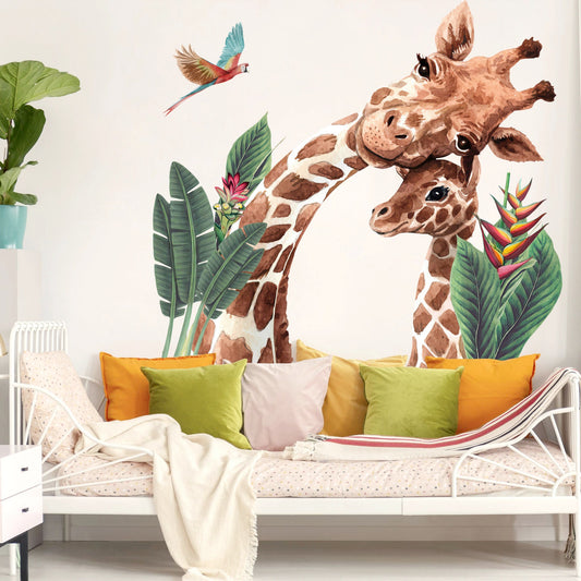 Watercolor Giraffe and the Baby with Leaves and Birds Wall Decal - BR038