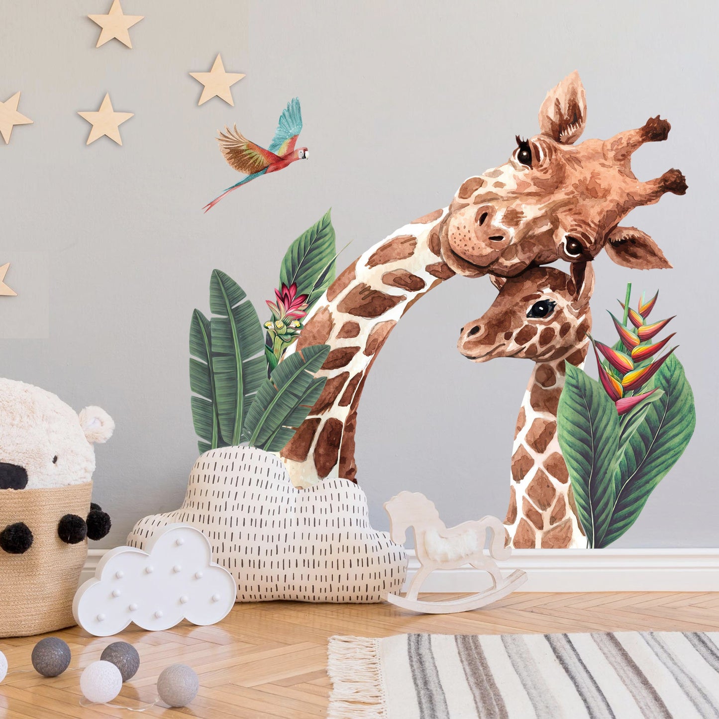 Watercolor Giraffe and the Baby with Leaves and Birds Wall Decal - BR038