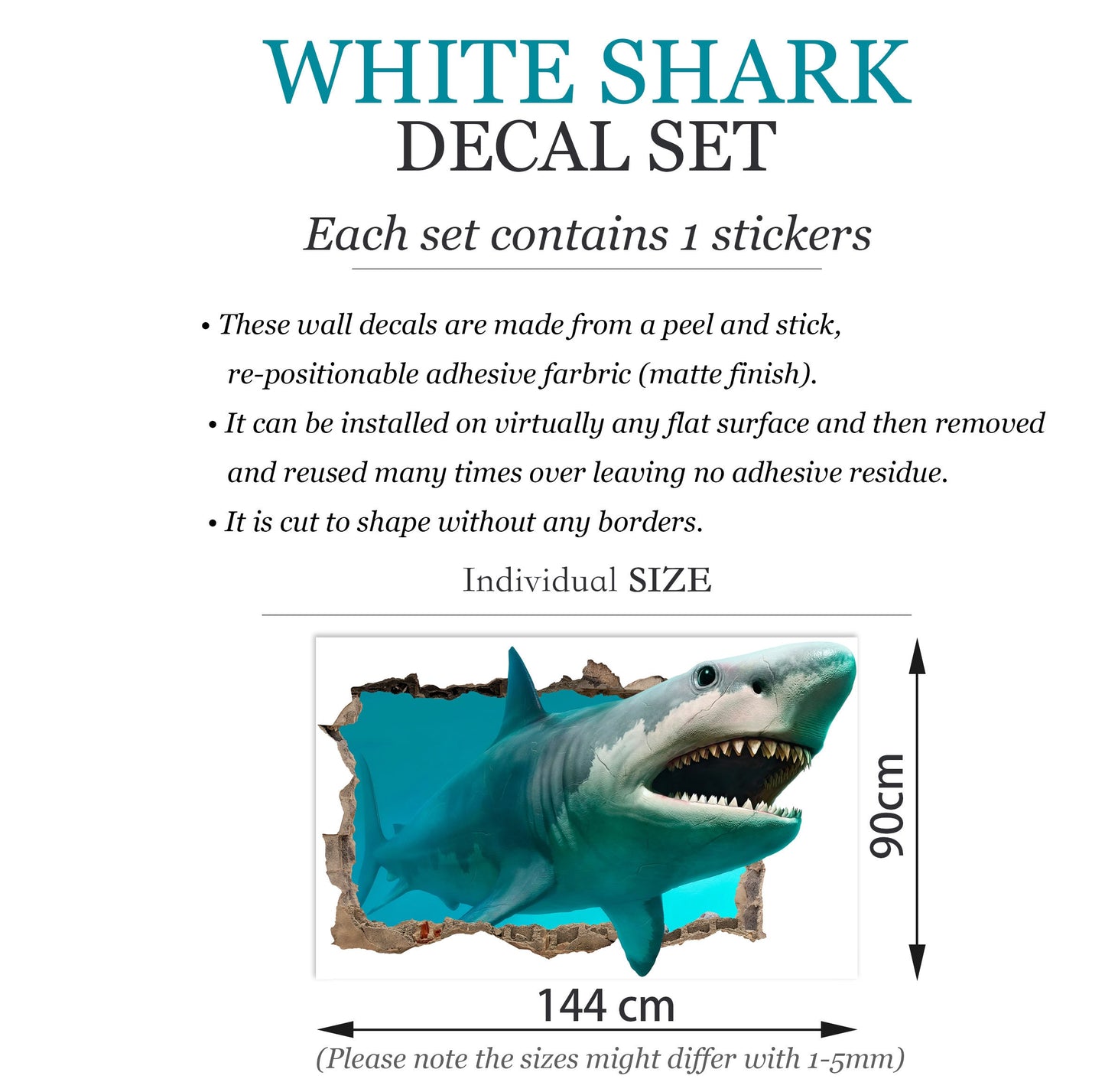 Great White Shark 3D Smashed Wall Decal - Removable Peel and Stick - BR041