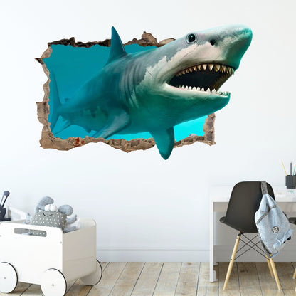 Great White Shark 3D Smashed Wall Decal - Removable Peel and Stick - BR041