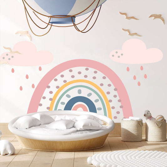 Polka Dots Rainbow under Pink Raining Clouds Wall Decal - BR042