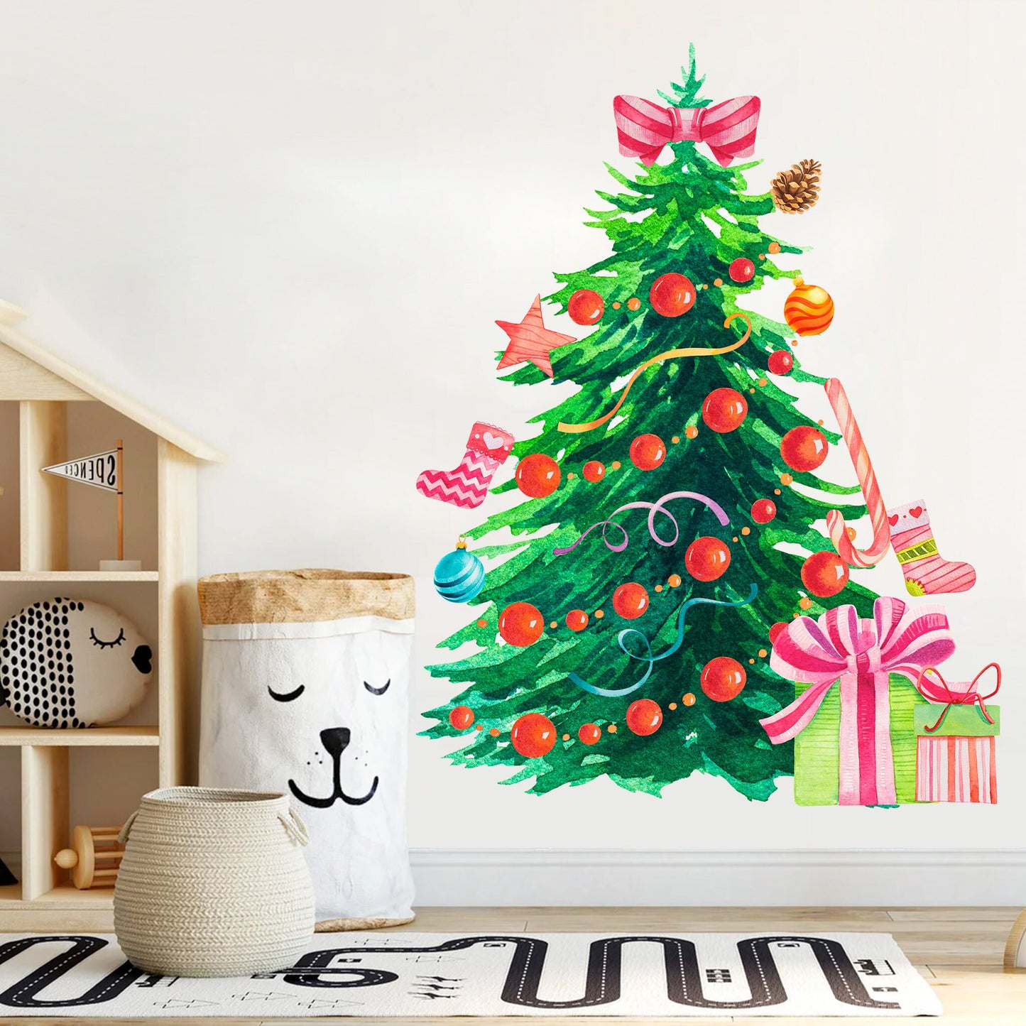 Christmas Tree with Red Ornaments and Gift Boxes Wall Decal - BR046