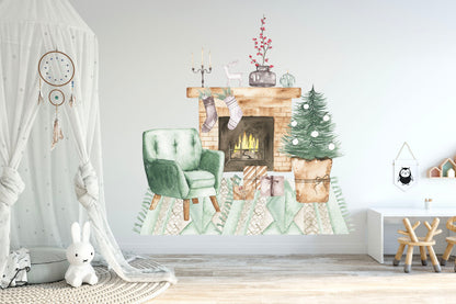 Christmas Scene Fireplace and Tables with Chairs Wall Decal - BR047