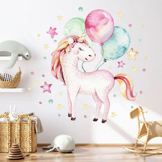 Magical Unicorn with Pastel Balloons and Stars Wall Decal - BR062