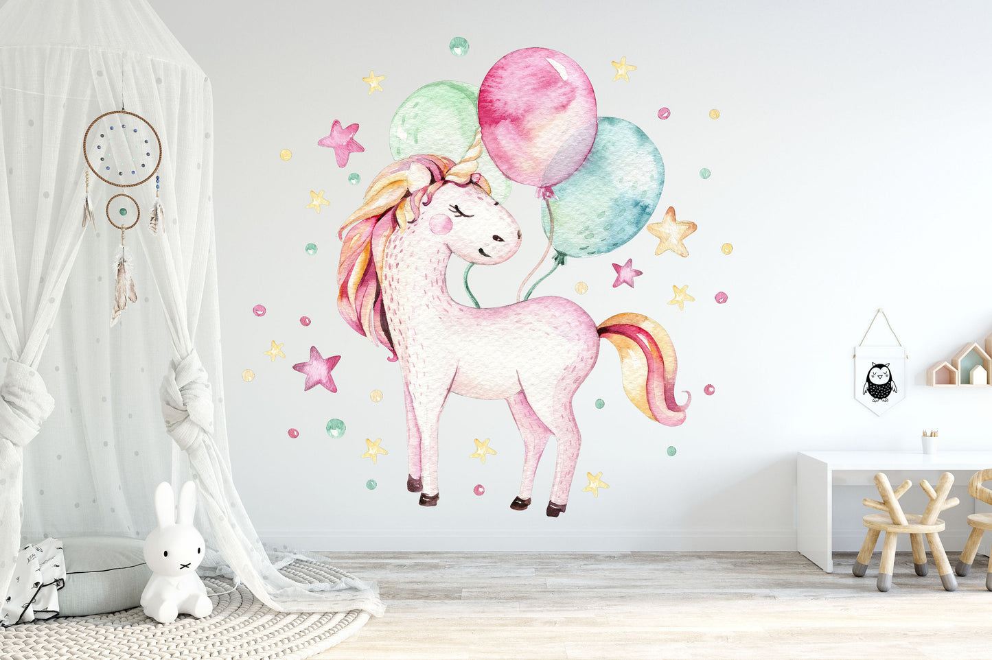 Magical Unicorn with Pastel Balloons and Stars Wall Decal - BR062