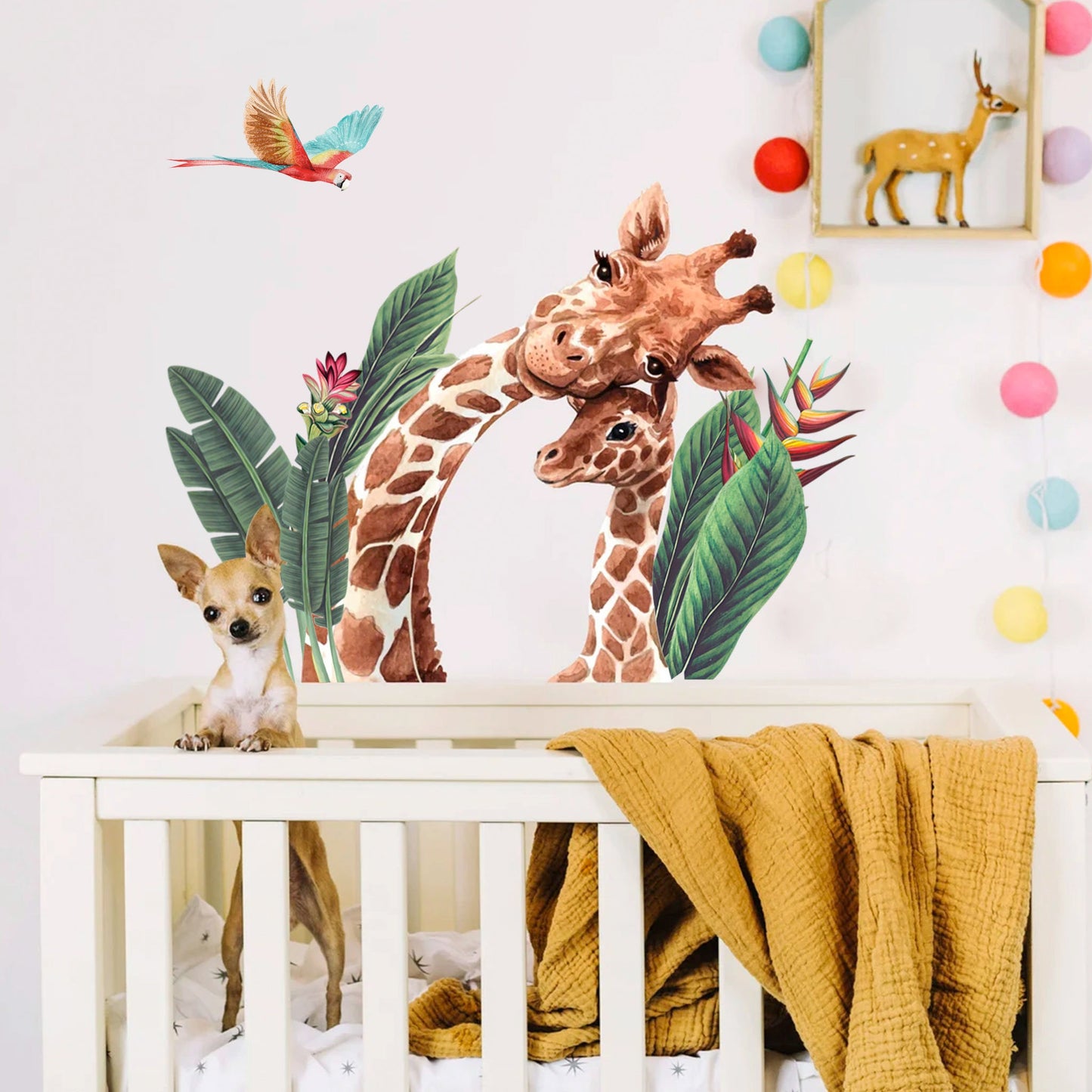 Watercolor Giraffe and the Baby with Leaves and Birds Wall Decal - BR038