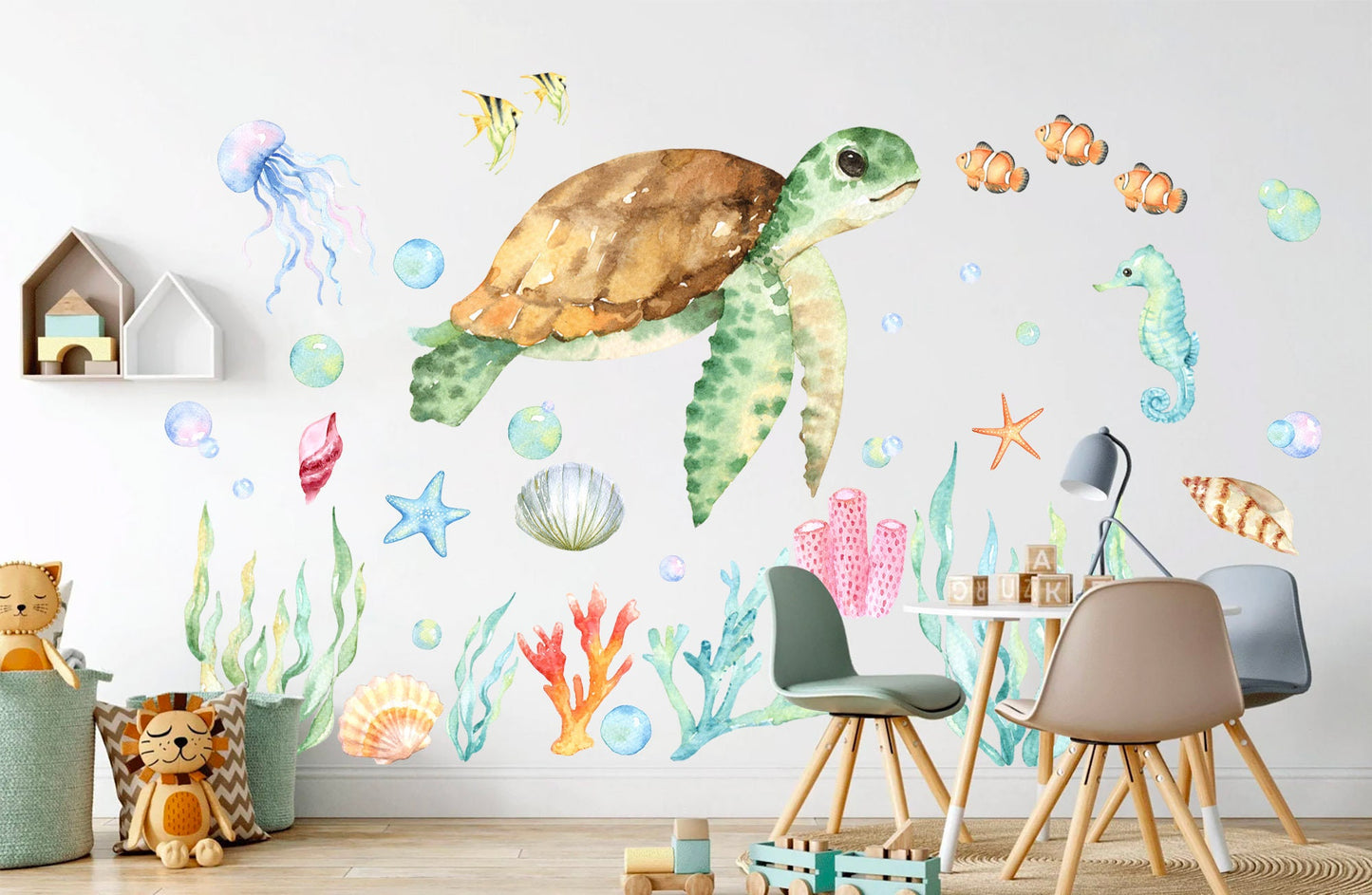 Watercolor Green Turtle in Underwater World Wall Decal - Removable Peel and Stick - BR039