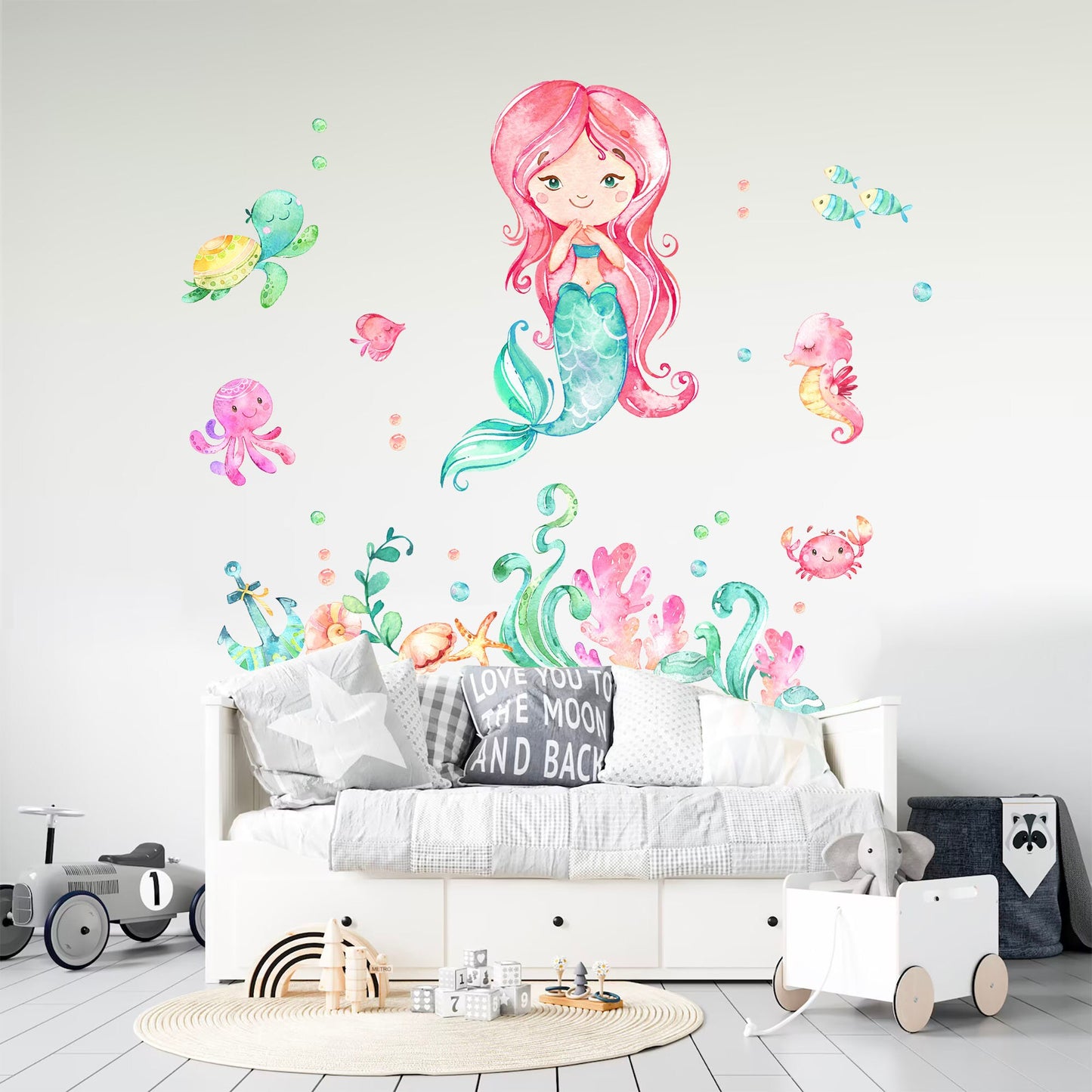 Baby Mermaid with Pink Hair and Sea Creature Friends Wall Decal - BR068