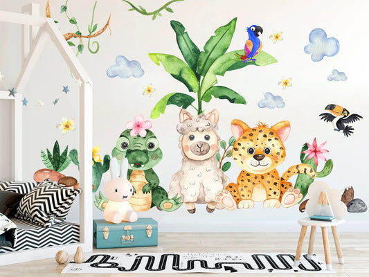 Jungle Animals Watercolor Wall Decal - Crocodile, Llama, Cheetah, Parrot, Plants - Kids Room Decor- BR069