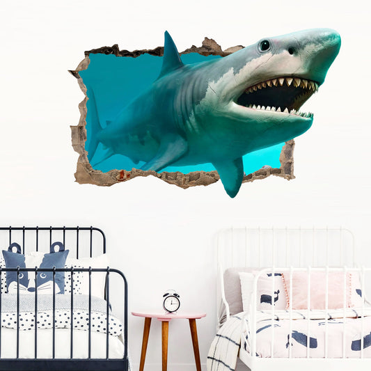 Great White Shark 3D Smashed Wall Decal - Removable Peel and Stick - BR041