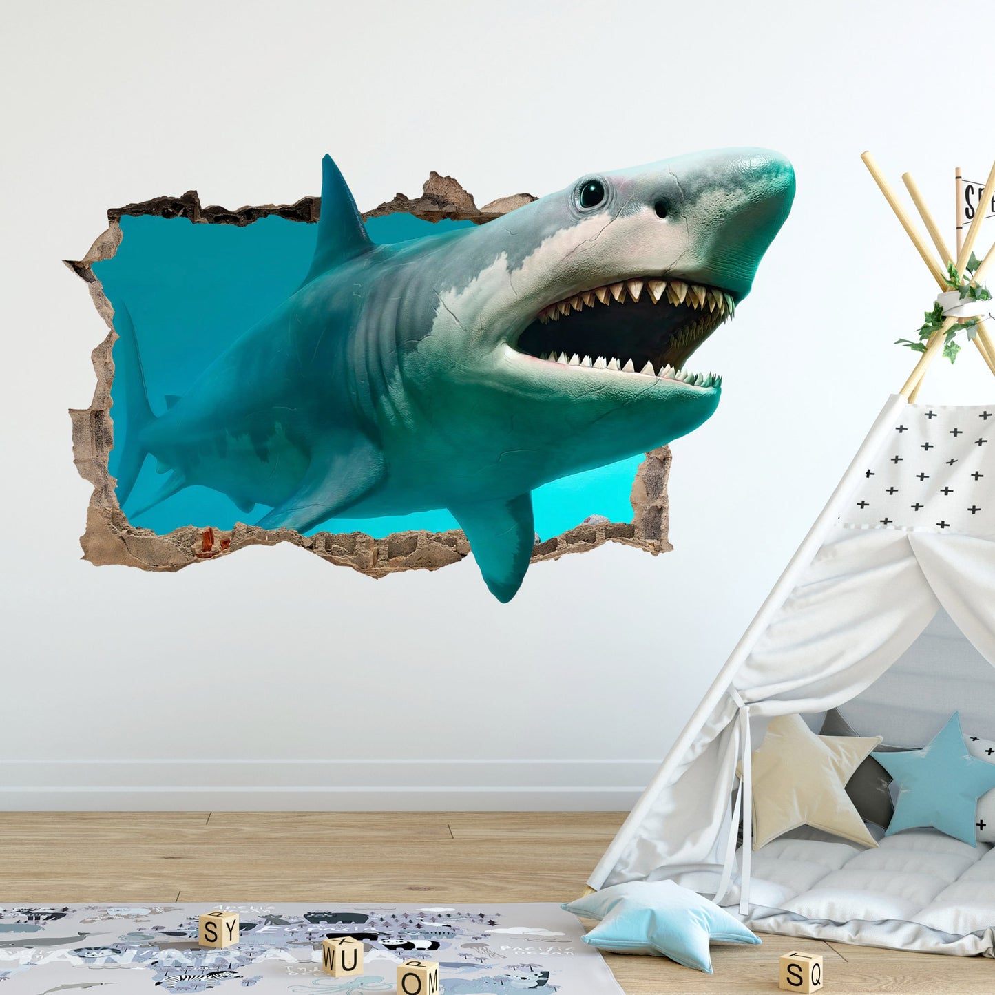 Great White Shark 3D Smashed Wall Decal - Removable Peel and Stick - BR041