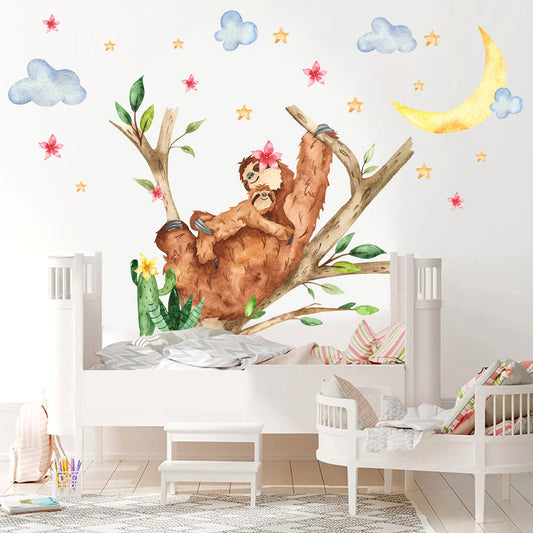 Sloth and Baby on Tree Branch with Moon, Clouds, and Stars Wall Decal - BR070