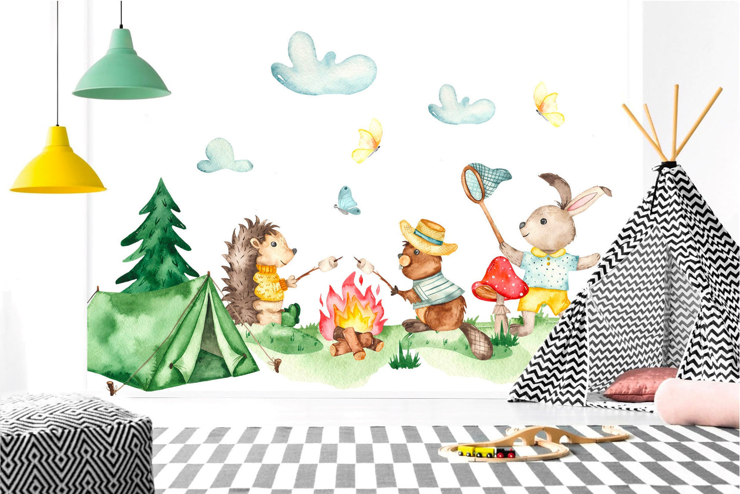 Camping Hedgehog, Bear, and Bunny with Tent, Campfire, and Butterfly Chasing Wall Decal - BR072
