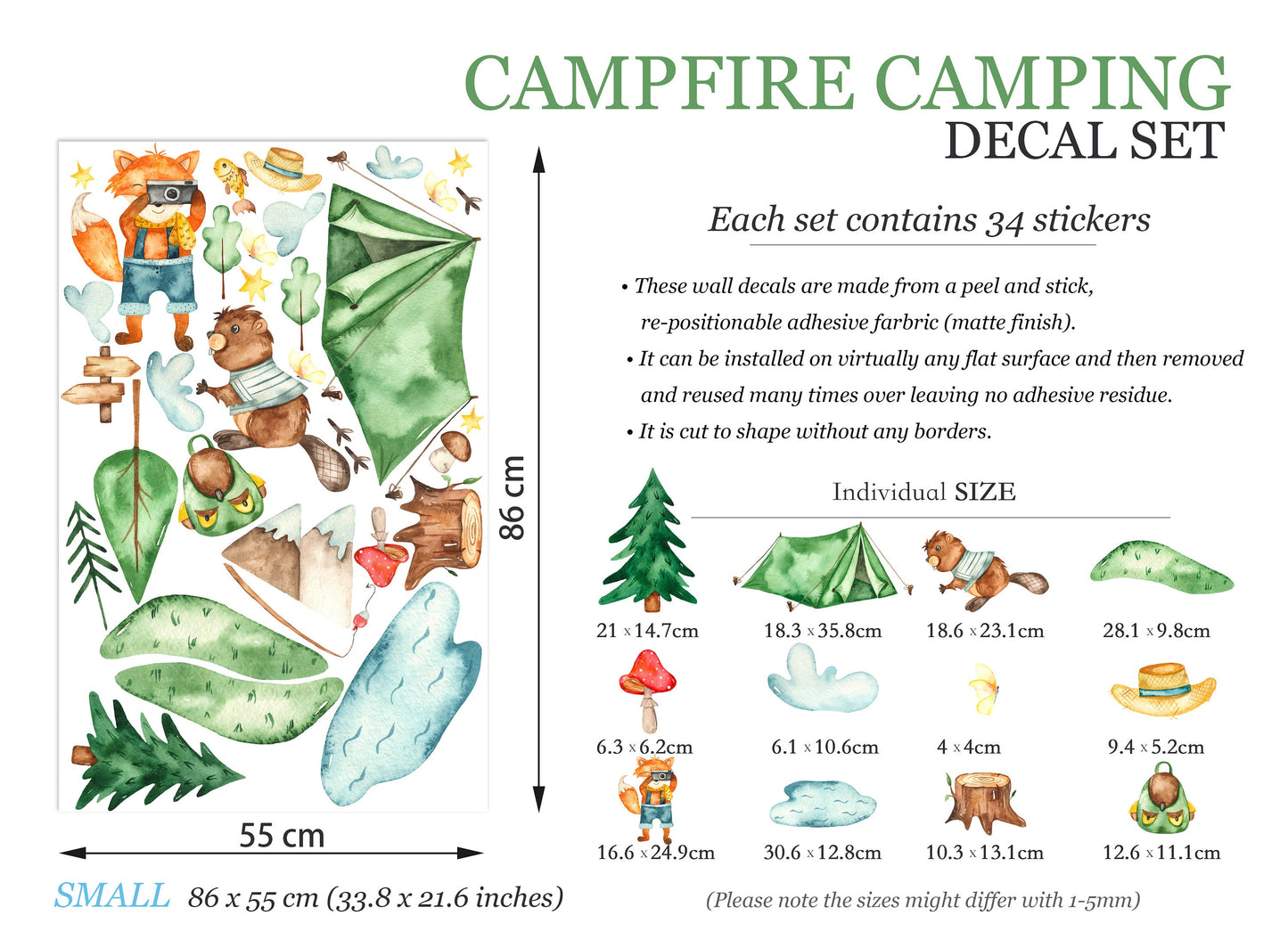 Campsite Adventures: Bear Fishing, Fox Photography, Tent Camping Wall Decal - BR073