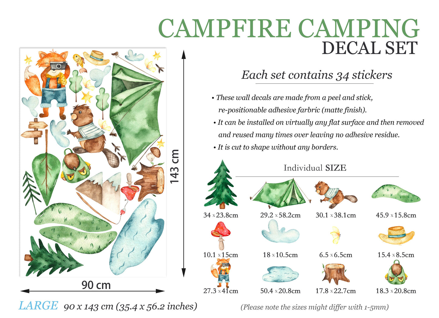 Campsite Adventures: Bear Fishing, Fox Photography, Tent Camping Wall Decal - BR073
